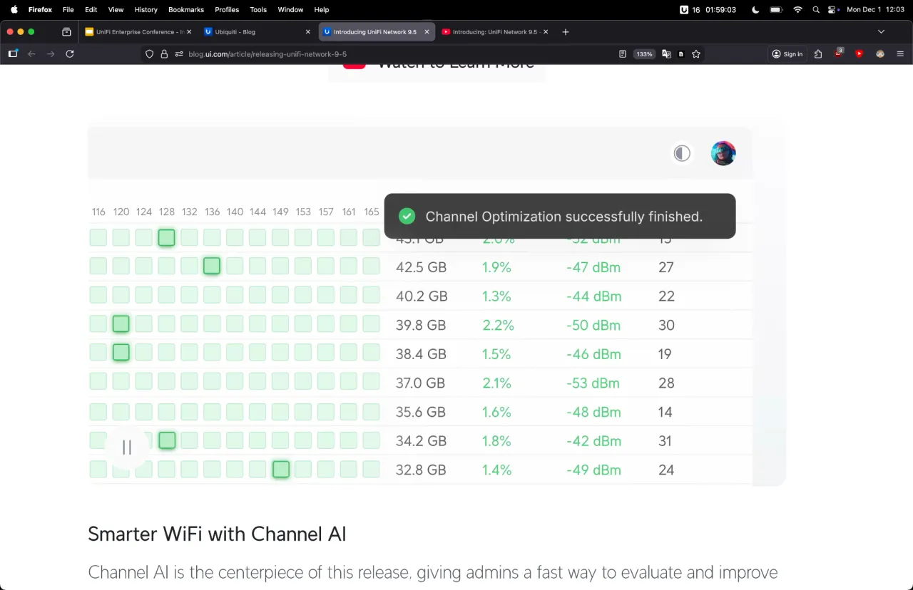 UniFi automatic RF tuning result